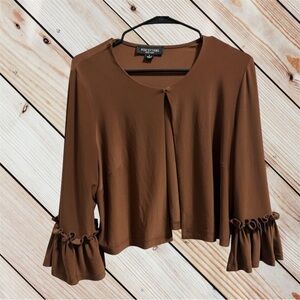 Perceptions Brown Open-Front Crop Length Blouse with Ruffle Bell Sleeves size L